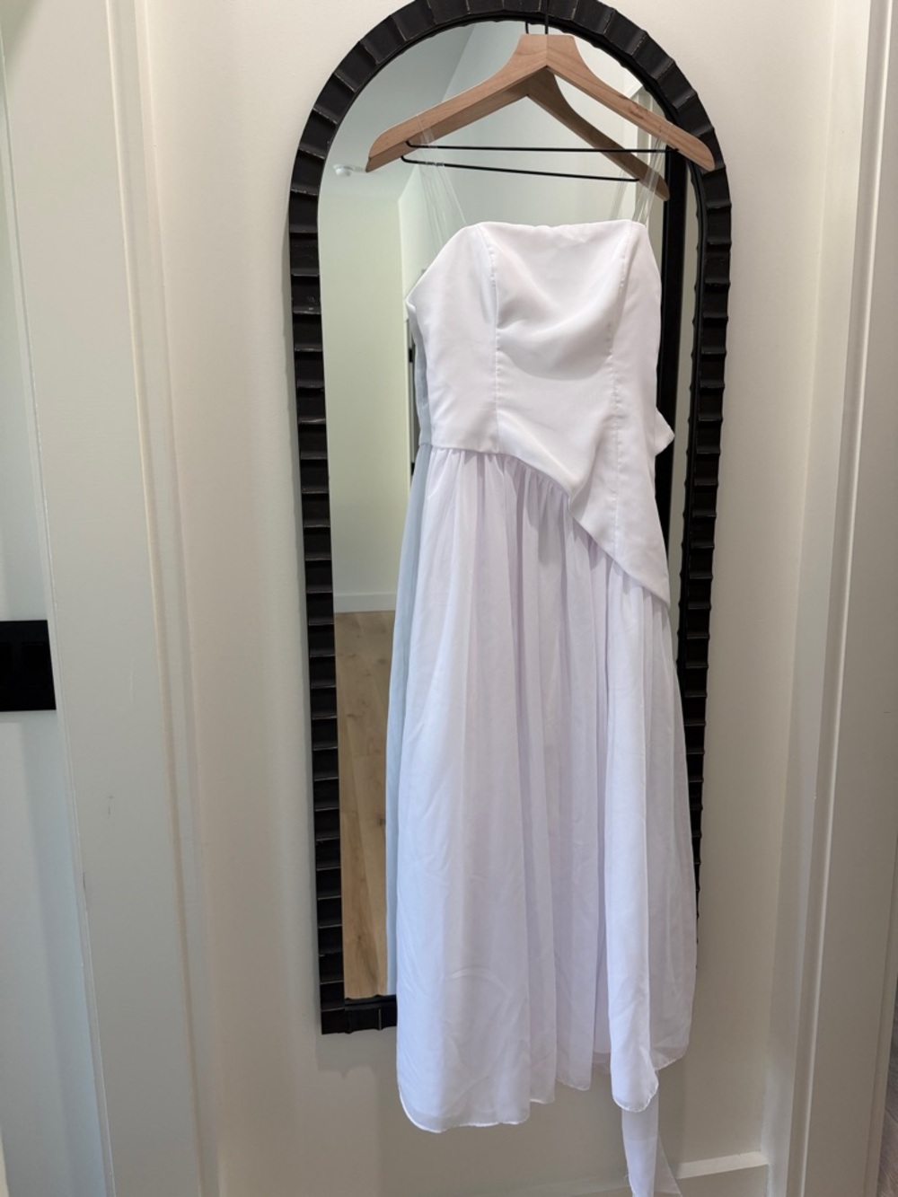 Strapless White Chiffon Draped Layered Midi Dress